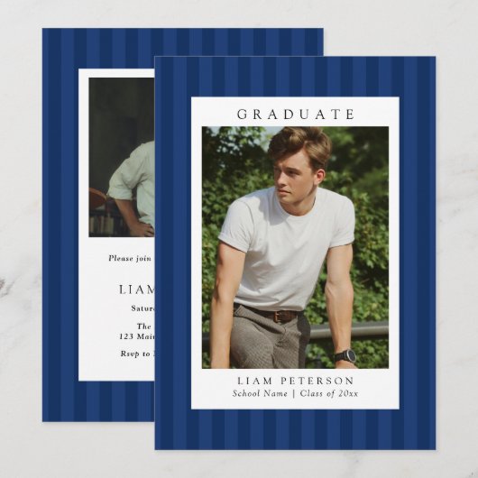 Elegant Navy Stripes 2 Photo Graduation Party 招待状 (正面/裏面)
