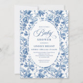 Elegant Navy Toile de Jouy Rose Baby Shower Invite 招待状 (正面)