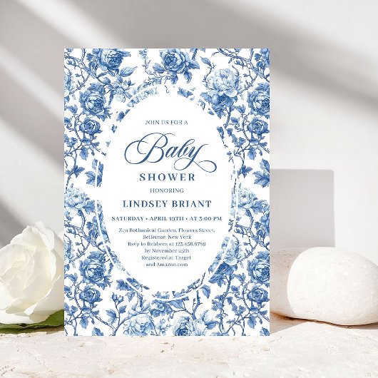 Elegant Navy Toile de Jouy Rose Baby Shower Invite 招待状