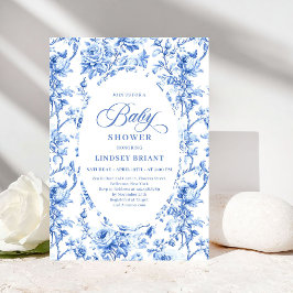 Elegant Navy Toile de Jouy Rose Baby Shower Invite 招待状