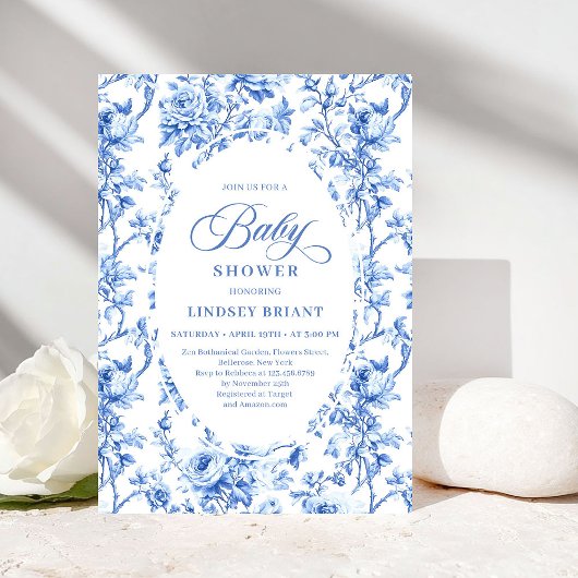 Elegant Navy Toile de Jouy Rose Baby Shower Invite 招待状