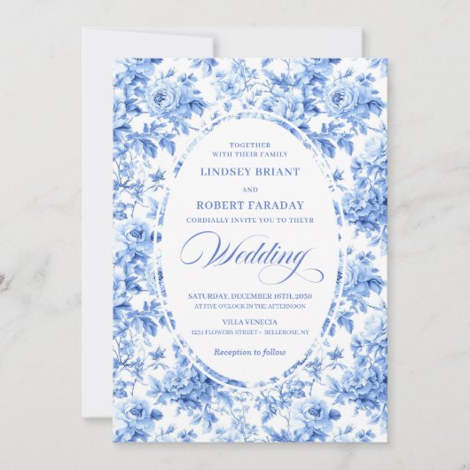 Elegant Navy Toile Rose Wedding Invitation 招待状 (正面)