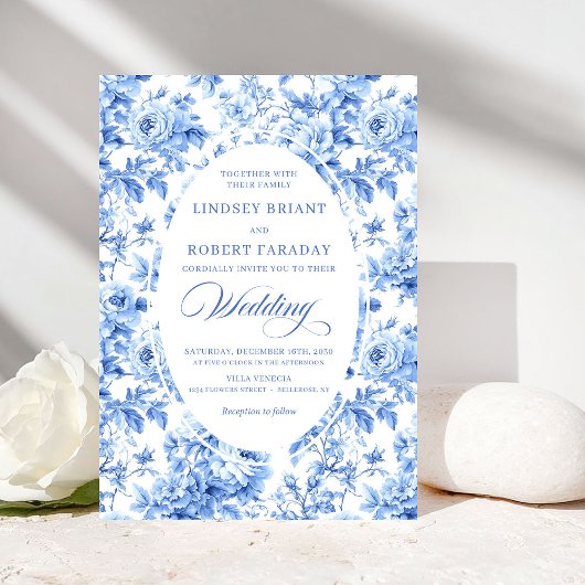 Elegant Navy Toile Rose Wedding Invitation 招待状