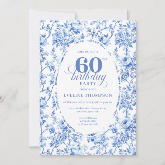 Elegant Navy Toile Roses 60th Birthday Invite Digi 招待状 (正面)