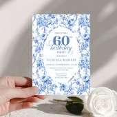 Elegant Navy Toile Roses 60th Birthday Invite Digi 招待状