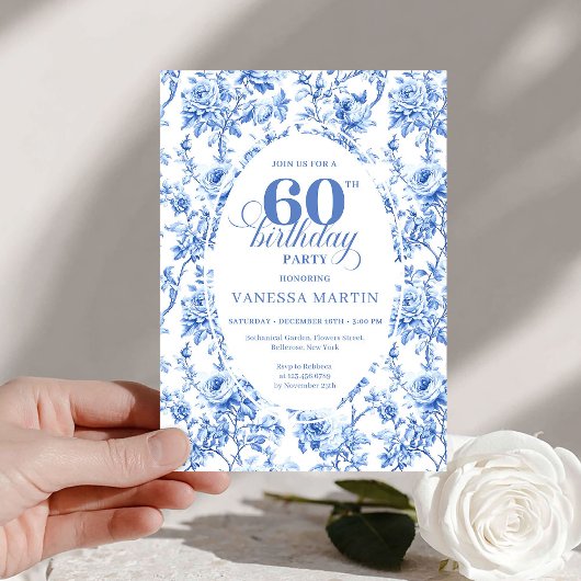 Elegant Navy Toile Roses 60th Birthday Invite Digi 招待状