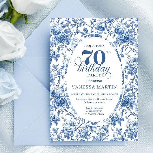 Elegant navy toile roses seventieth birthday party 招待状