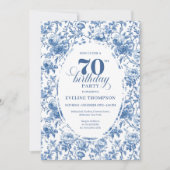 Elegant navy toile roses seventieth birthday party 招待状 (正面)