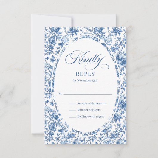 Elegant Navy Toile Roses Wedding RSVP Card  (正面)
