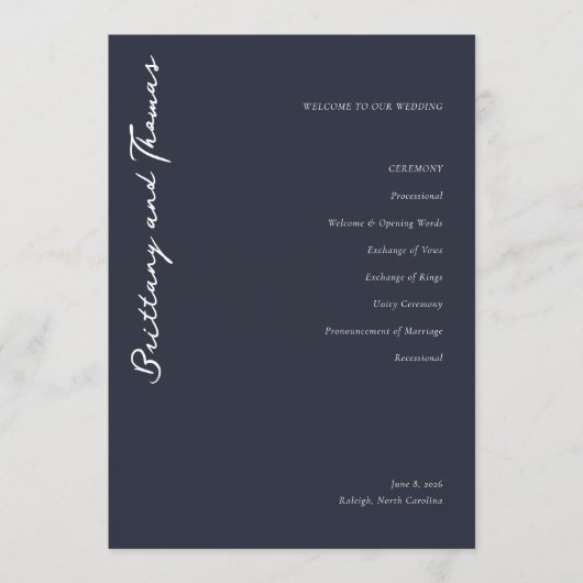 Elegant Navy Wedding Ceremony Program プログラム (正面)