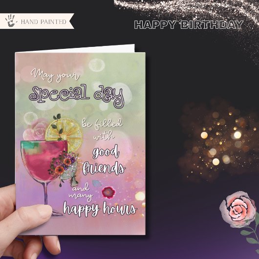 Elegant Neon Cocktail Happy Hour Birthday Folded カード
