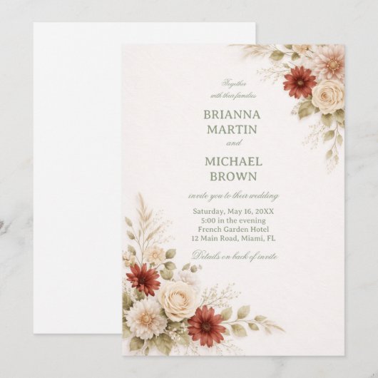 Elegant Neutral Floral Rust 招待状 (正面/裏面)