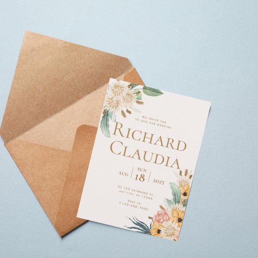 Elegant Neutral Floral Wedding Invitation 招待状