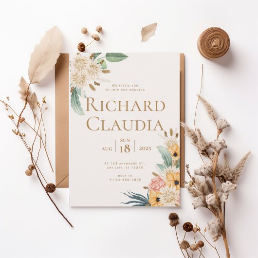 Elegant Neutral Floral Wedding Invitation 招待状