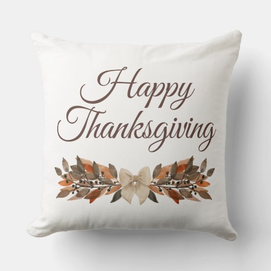 Elegant Neutral “Happy Thanksgiving” Throw Pillow クッション (正面)