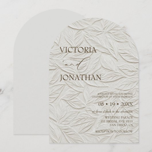 Elegant Neutral Leaves Pattern Wedding  招待状 (正面/裏面)