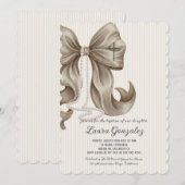 Elegant Neutral Striped Bow Baptism 招待状 (正面/裏面)