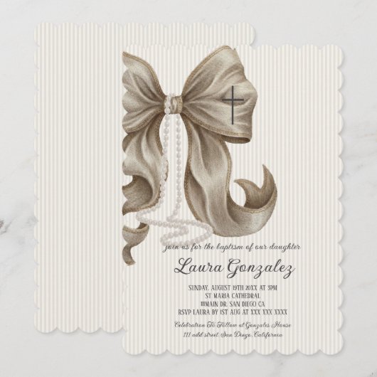 Elegant Neutral Striped Bow Baptism 招待状 (正面/裏面)