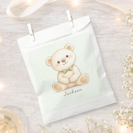 Elegant Neutral Teddy Bear Baby Shower フェイバーバッグ (クリップ留めされた状態)