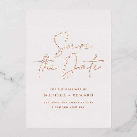 Elegant Neutral Wedding Save The Date Script 箔招待状 (正面)