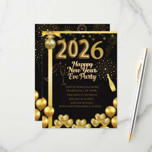 Elegant New Year Eve Party Invitation Card 出欠カード (正面/裏面インサイチュ)