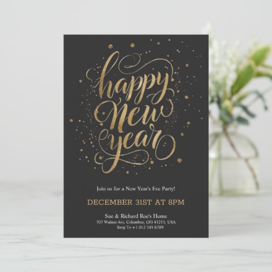 Elegant New Year's Eve invitation with gold script 招待状 (スタンド正面)
