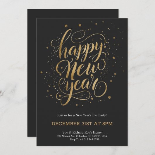 Elegant New Year's Eve invitation with gold script 招待状 (正面/裏面)