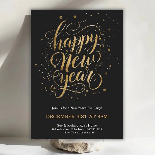 Elegant New Year's Eve invitation with gold script 招待状