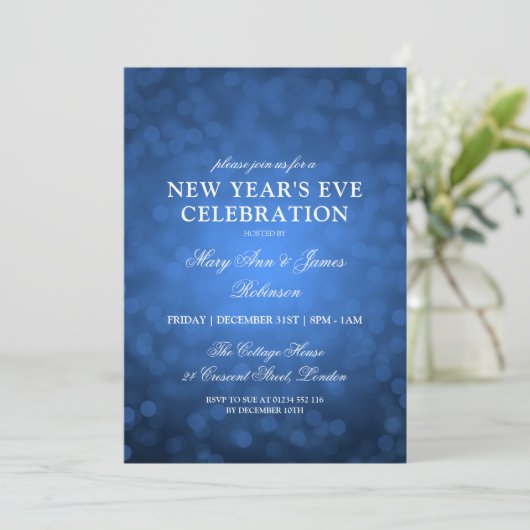Elegant New Years Eve Navy Blue Bokeh Lights 招待状 (スタンド正面)