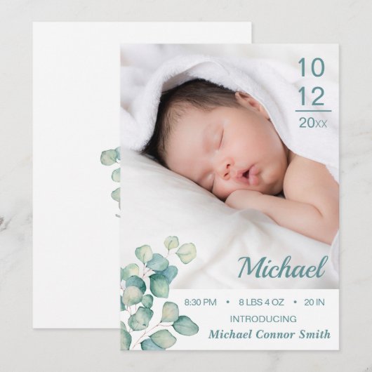 Elegant Newborn Birth Stats Photo Card 案内状 (正面/裏面)