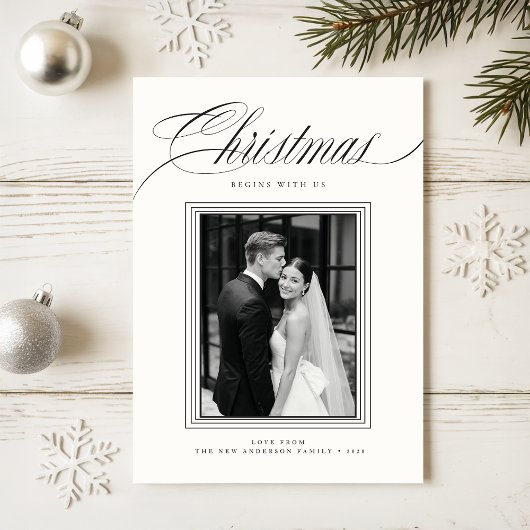 Elegant Newlywed Black & White 2 Photo Christmas シーズンカード