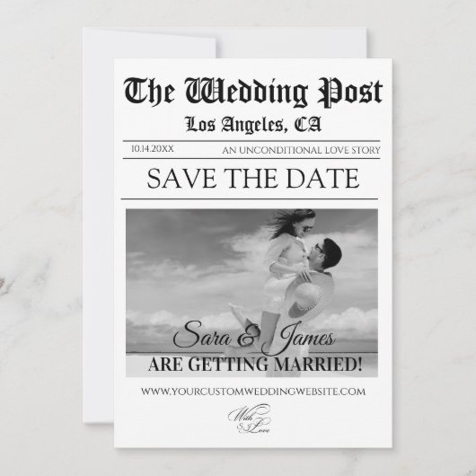 Elegant Newspaper Custom Photo Save the Date  招待状 (正面)
