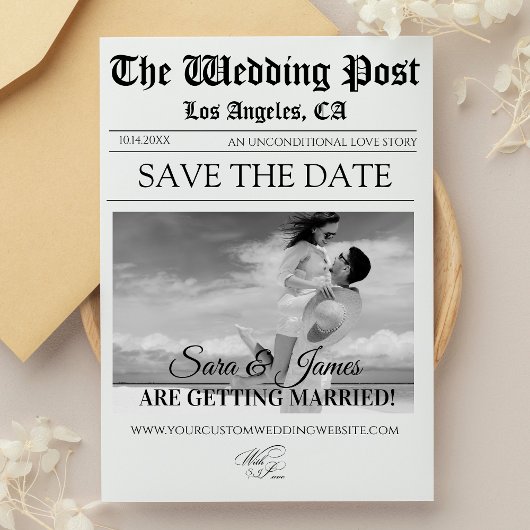 Elegant Newspaper Custom Photo Save the Date  招待状