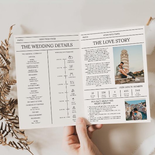 Elegant Newspaper Details Timeline Wedding 招待状