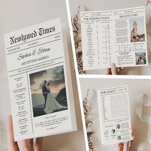 Elegant Newspaper Details Timeline Wedding 招待状
