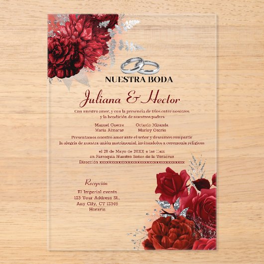 Elegant Nuestra Boda Red Floral Wedding アクリル招待状 (正面)