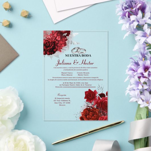 Elegant Nuestra Boda Red Floral Wedding アクリル招待状 (インサイチュ (ウェディング))