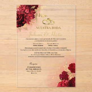 Elegant Nuestra Boda Red Floral Wedding Invitation アクリル招待状