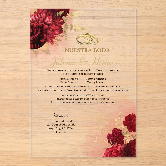 Elegant Nuestra Boda Red Floral Wedding Invitation アクリル招待状 (正面)