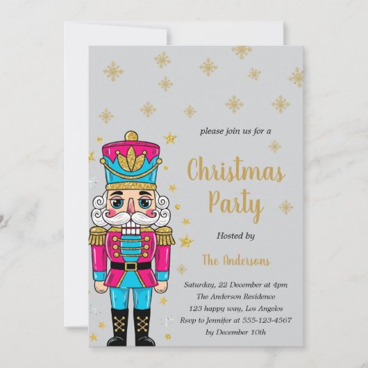 Elegant Nutcracker Christmas Party | Gold Glitter  招待状 (正面)