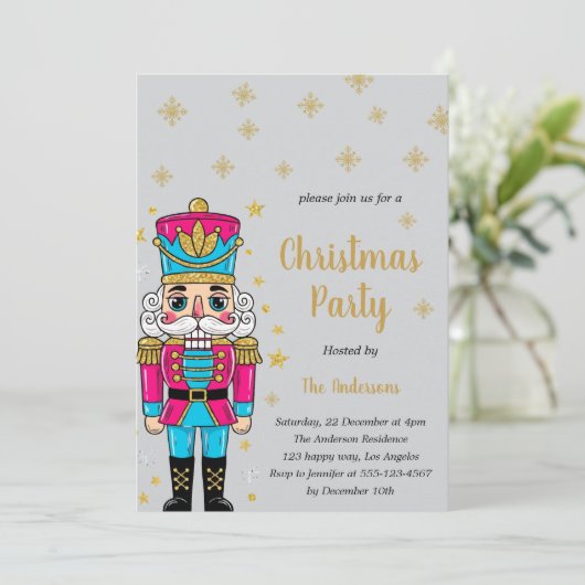 Elegant Nutcracker Christmas Party | Gold Glitter 招待状 (スタンド正面)