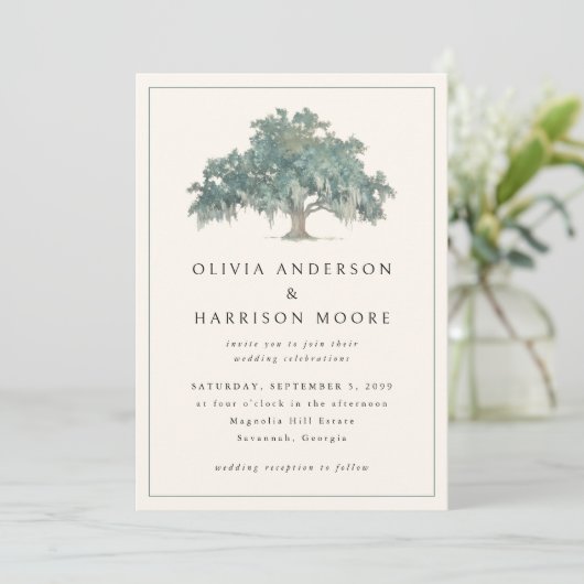 Elegant Oak Tree Green QR Code Southern Wedding 招待状 (スタンド正面)