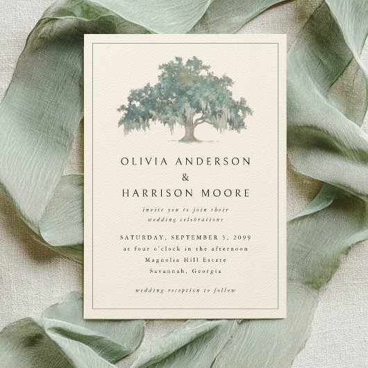 Elegant Oak Tree Green Southern Wedding 招待状