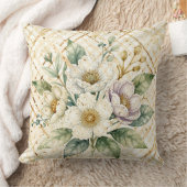 Elegant Off White Flowers, Gold Lattice Pattern クッション (ブランケット)