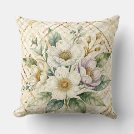 Elegant Off White Flowers, Gold Lattice Pattern クッション