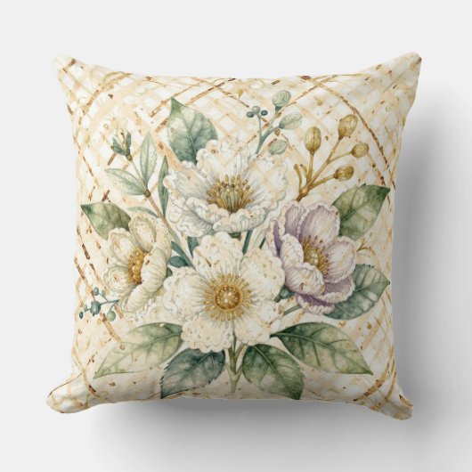 Elegant Off White Flowers, Gold Lattice Pattern クッション (正面)