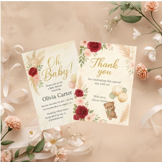 Elegant Oh Baby Shower Invitation with Teddy Bear  招待状