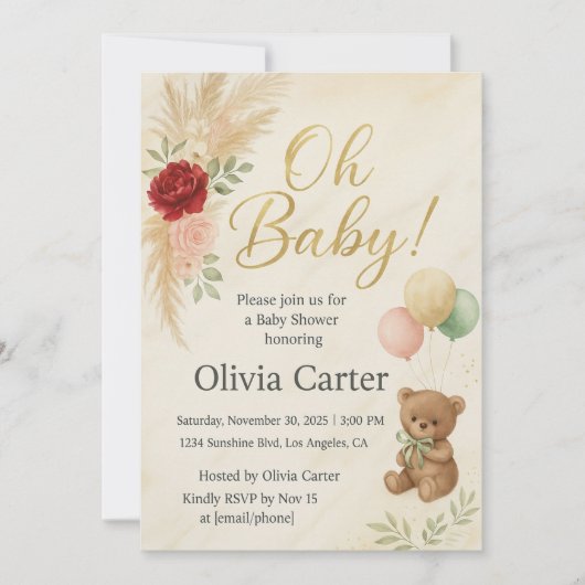 Elegant Oh Baby Shower Invitation with Teddy Bear 招待状 (正面)