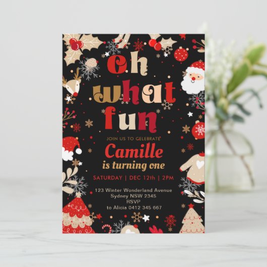 Elegant Oh What Fun Christmas  Birthday Party 招待状 (スタンド正面)