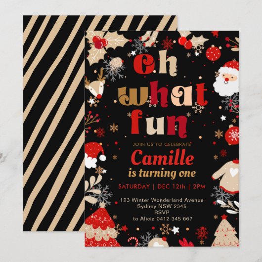 Elegant Oh What Fun Christmas  Birthday Party 招待状 (正面/裏面)